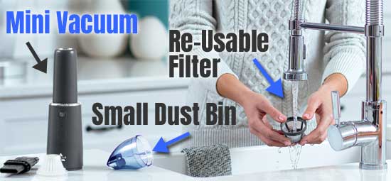 Mini Handheld Vacuum Has a Re-Usable Washable  Filter, but a Small Dust Cup